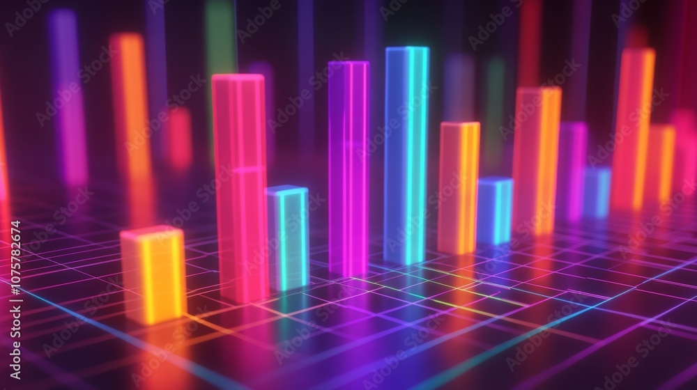 Poster colorful neon bar graph visualization creating a futuristic data analytics theme for business and te