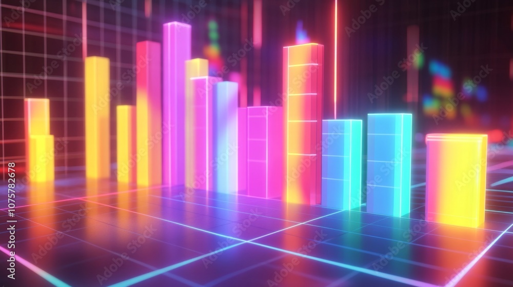 Poster colorful neon bar graph representing data visualization in a futuristic digital environment with a v