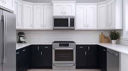 Fototapeta premium Modern Kitchen Design with Stainless Steel Appliances White Cabinets and Black Island