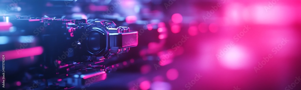 Aufkleber A futuristic, abstract image featuring illuminated circuits and technology elements in vibrant pink and blue hues.