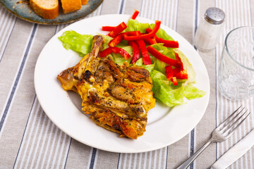 Appetizing roasted chicken pieces served with fresh vegetable salad of lettuce and red bell pepper. Tasty homemade dinner