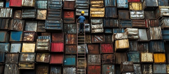 A worker climbs a ladder in front of a wall of stacked metal containers.