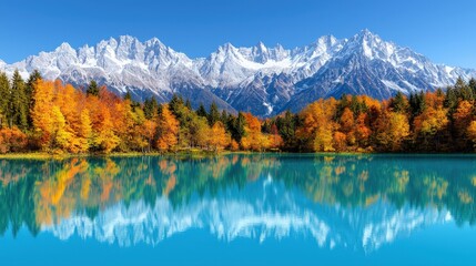 Fototapeta premium Stunning Autumn Mountain Lake Reflection with Snow Capped Peaks