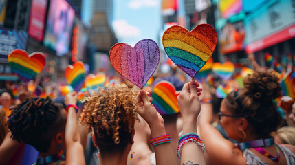 Girls raising rainbow symbols above their heads in a pride parade.