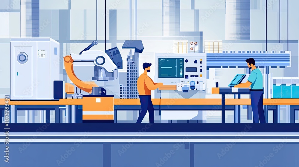 Poster two workers operating a robotic arm in a modern factory
