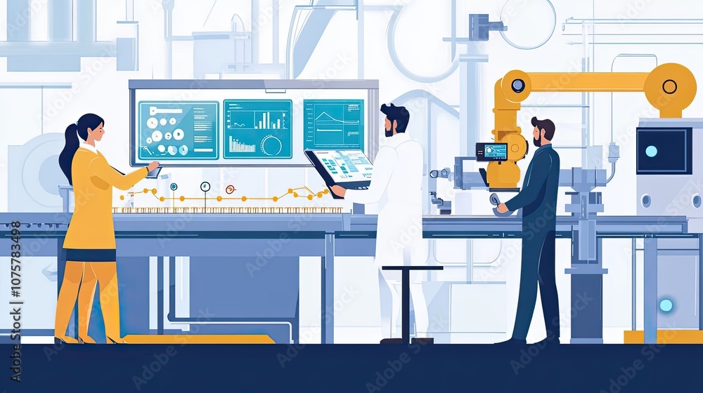 Aufkleber two people working in a factory with a robotic arm and data displays