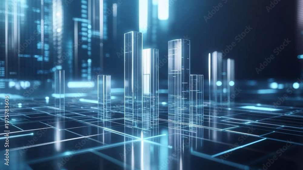 Aufkleber futuristic cityscape with transparent skyscrapers and digital grid representation in a high-tech env