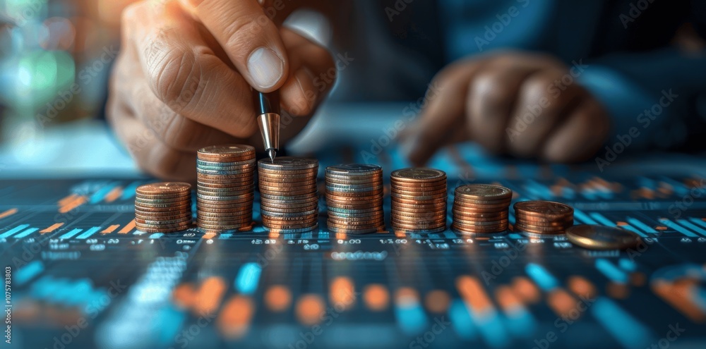 Poster businessman working with financial graphs and coins on table concept of money development with virtu