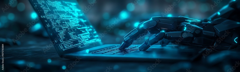 Aufkleber A futuristic robotic hand interacts with a glowing digital interface, surrounded by blue data streams, symbolizing advanced technology and artificial intelligence.
