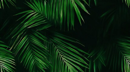   A black background features a close-up of green palm leaves There is room for text or an image