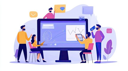 Fototapeta premium Team Analyzing Data on a Large Monitor and Tablet