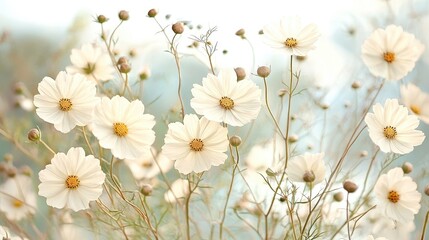 Delicate White Cosmos Flowers in Soft Light   Nature Photography