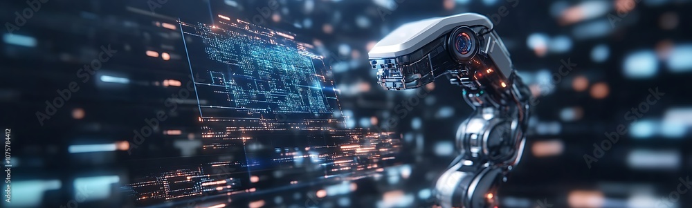 Poster A futuristic robotic hand interacts with glowing data in a digital space, symbolizing advanced technology and artificial intelligence.