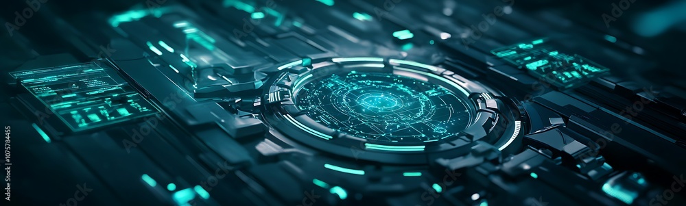 Poster A futuristic digital interface with glowing elements, featuring a central circular design amidst vibrant patterns and lines, evoking a sense of advanced technology.