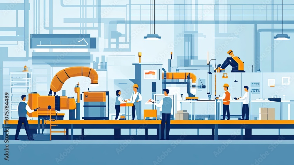 Aufkleber industrial workers collaborating with automated machinery in a modern factory setting