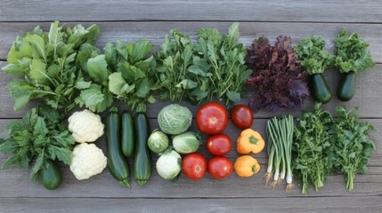 Fresh Vegetables Displayed on Wooden Table in Organized Rows, Highlighting Green Lettuce, Red Tomatoes, Yellow Peppers, and Various Organic Produce for Healthy Living