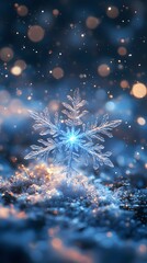 Fototapeta premium Close-up of a sparkling snowflake against a dreamy winter background.