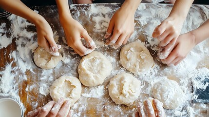 Hands working with dough on a floured surface, preparing for baking.