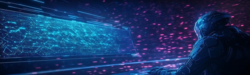 Obraz premium A digital figure observes vibrant light trails in a dark, futuristic environment, showcasing a blend of blue and red hues.