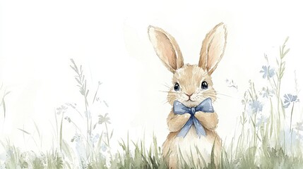 Fototapeta premium Cute Watercolor Easter Bunny with Blue Bow in Grassy Meadow