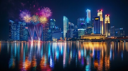Fototapeta premium Spectacular Fireworks Display Over City Skyline Reflected in Water at Night Creating a Vibrant and Colorful Atmosphere for Celebrating Special Occasions