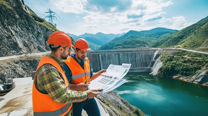 Two Construction Workers Examining Plans Near a Dam