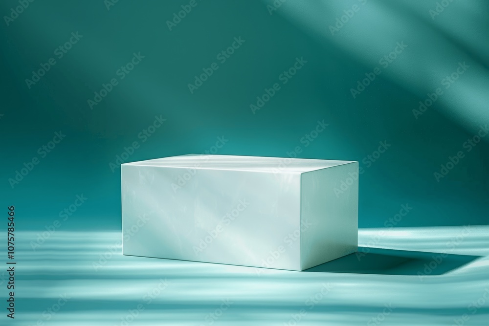 Poster minimalist white block on teal surface with smooth backdrop, soft shadows, high resolution, realisti