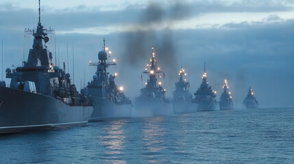 A formation of navy warships advancing on a calm sea at dusk