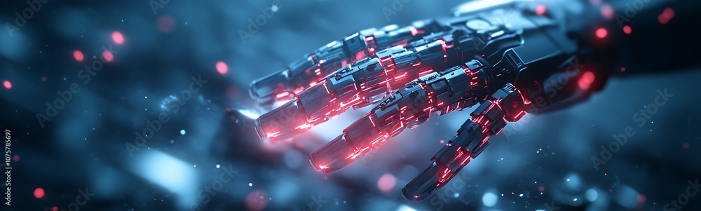 Poster a futuristic robotic hand adorned with glowing elements, symbolizing advanced technology and artific