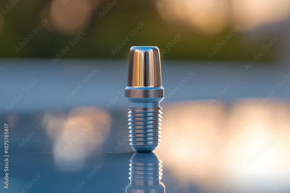 Poster a metallic object with a reflective surface, likely a component or fastener.