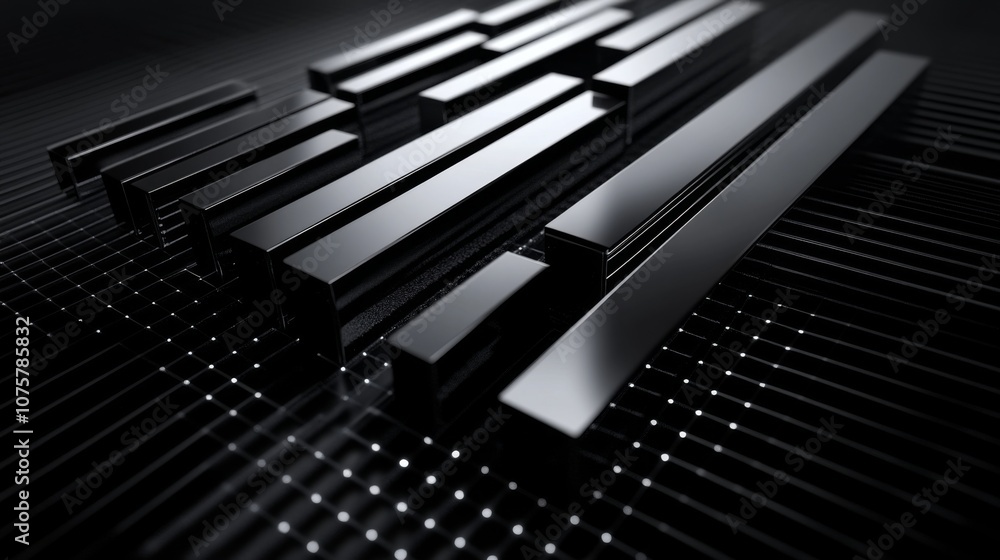 Poster abstract geometric background featuring sleek black bars arranged on a dark surface with subtle ligh