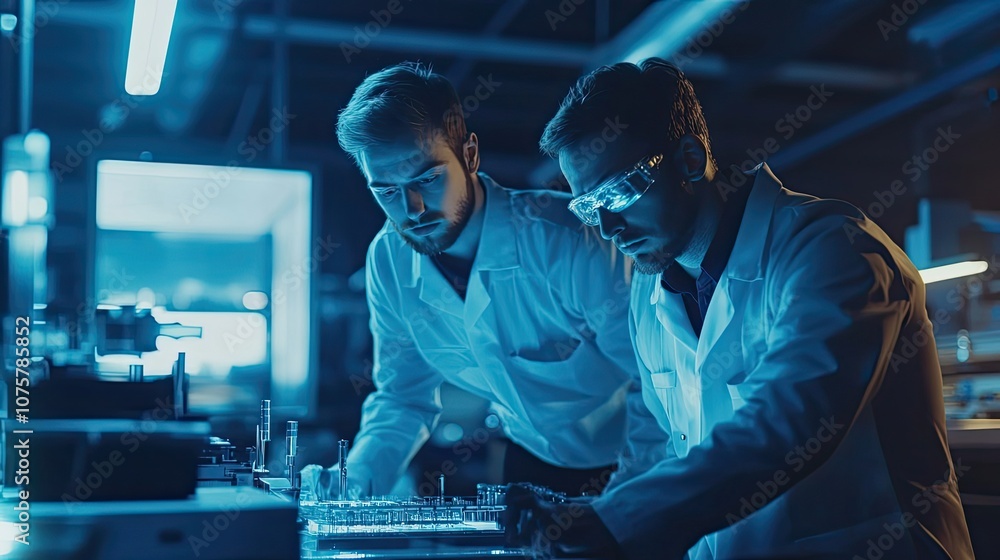 Poster two scientists examining a model in a laboratory