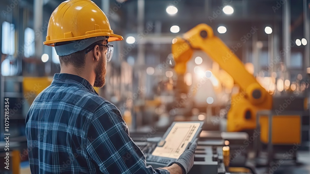 Aufkleber a factory worker operating a robotic arm with a tablet