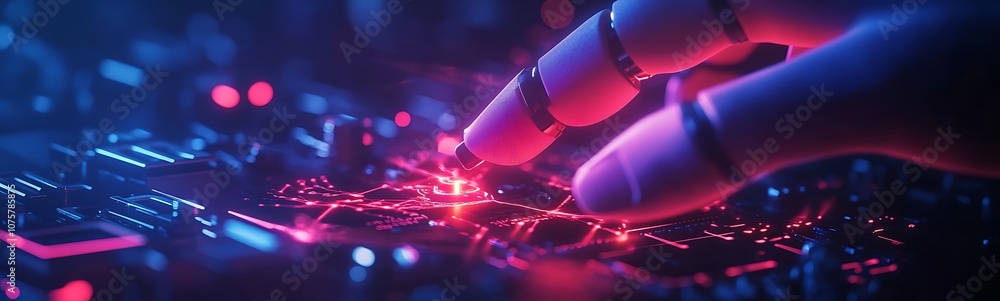 Aufkleber a close-up of a hand interacting with a circuit board, showcasing glowing red and blue lights, empha