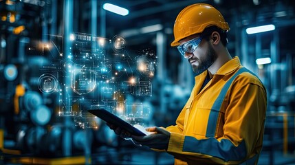 Industrial Worker Using Digital Tablet with Holographic Interface