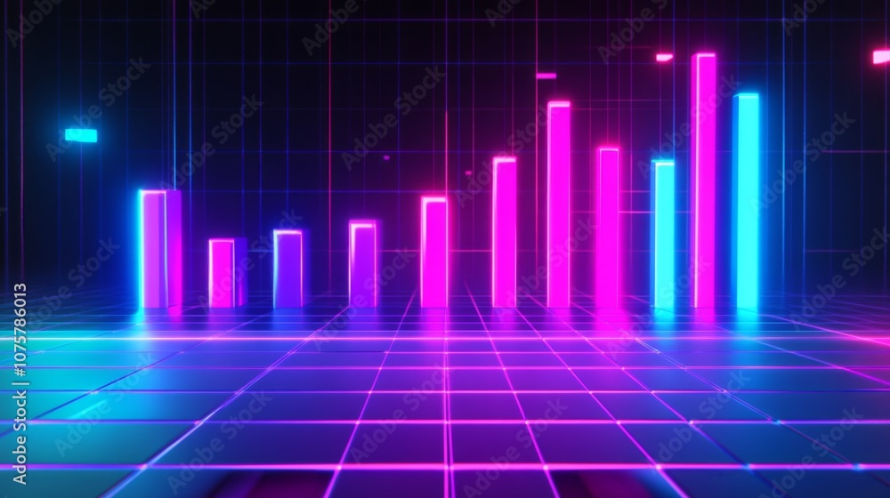 Leinwandbilder Vibrant Neon Graphical Illustration of Increasing Data Trends on a Futuristic Background with Glowing Bars and Grid Pattern for Digital Presentations