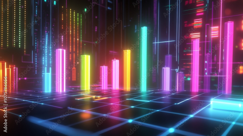 Poster neon glowing data visualization with colorful bars and dots on a digital background, abstract techno