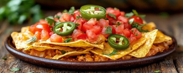 Crisp nachos loaded with juicy toppings like tomatoes, jalapenos, and cilantro garnish, capturing delicious detail, snack food