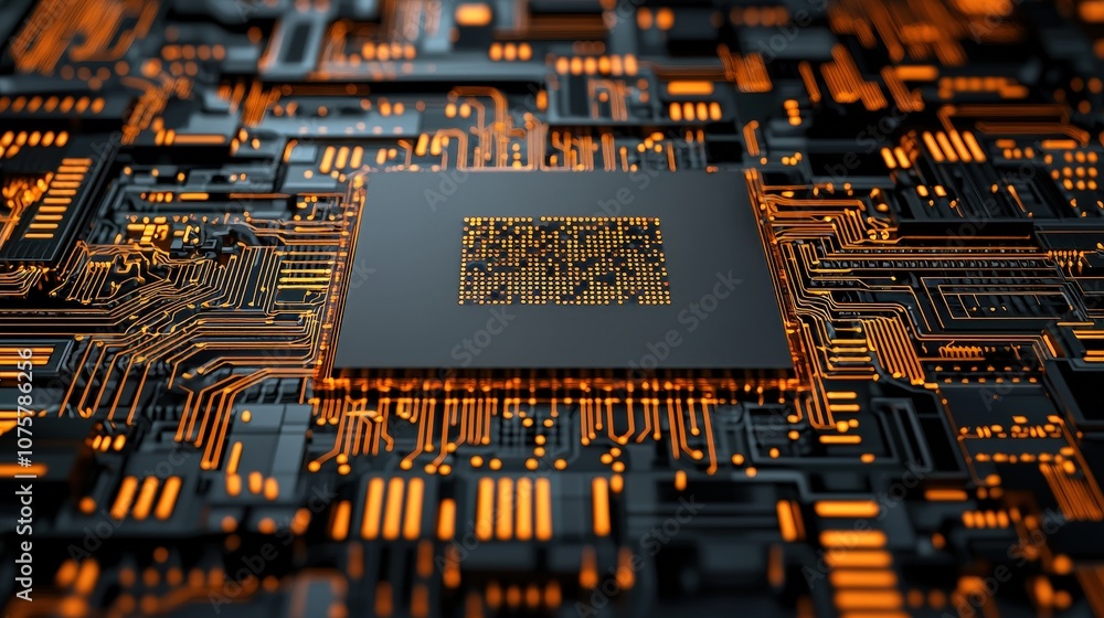 Poster circuit board with glowing microchip technology background