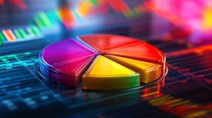 Fototapeta premium Colorful Pie Chart on Stock Market Background with Vibrant Financial Graphs and Data Visualizations in a Modern Trading Environment