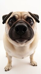 Obraz premium Generative AI, Close-up of a Pug with expressive eyes and wrinkled face against white background