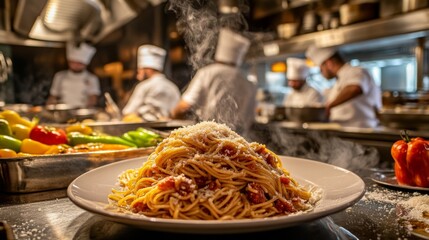 Delicious Close-Up of Steaming Pasta Dish with Cheesy Garnish in a Bustling Restaurant Kitchen with Chefs Preparing Meals in the Background