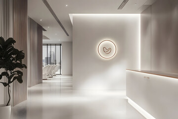 Modern reception area with sleek design and ambient lighting.