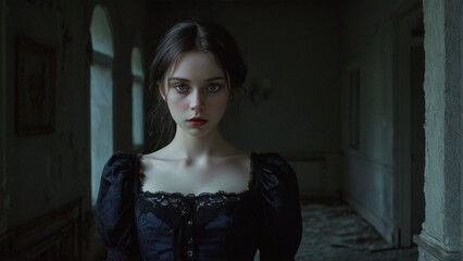 Fototapeta premium A young woman in a dark blue dress with lace collar and puffed sleeves stands in a dimly lit hallway, gazing directly at the camera with a serious expression.