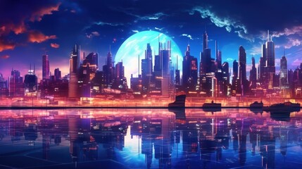 Fototapeta premium Futuristic city skyline with a large moon and reflection in the water.