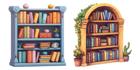 Colorful Bookshelves on Transparent Background