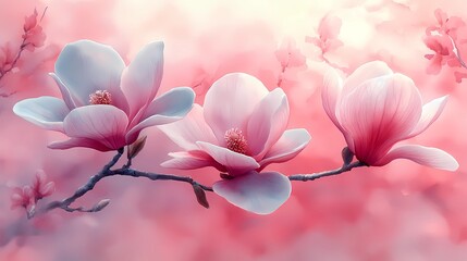 Obraz premium Soft pink and lavender ethereal magnolia blossoms bloom gracefully in a serene spring garden, showcasing nature's beauty at dawn