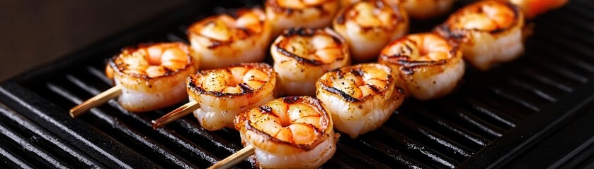 Juicy, grilled shrimp skewers with golden color and savory texture, appetizing detail and mouthwatering appeal, seafood grill