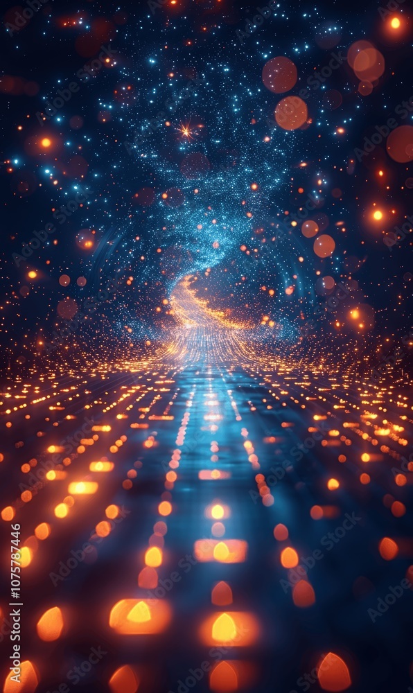 Poster abstract digital arrow leading to darkness with glowing light beams and digital data flow