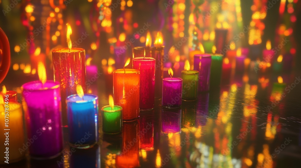 Poster a vibrant display of colorful candles illuminating a serene atmosphere with soft light reflections a